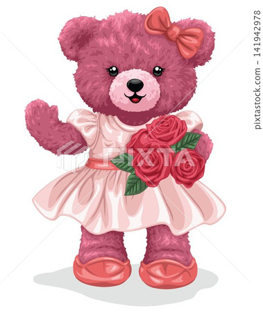 Cute Teddy Bear Girl Holding Roses Cartoon Illustration Cute Teddy Bear Girl Holding Roses Cartoon Illustration 141942978