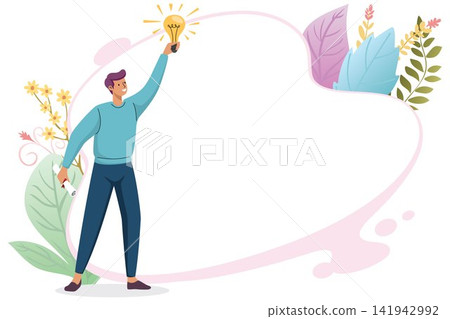 Creative Idea Concept Man Holding Light Bulb Banner Template 141942992