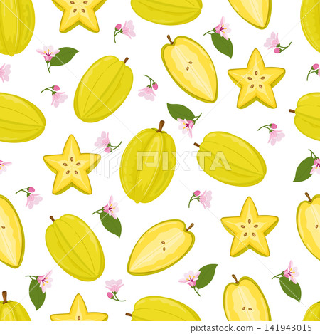Seamless pattern with whole, sliced, and halved starfruit, tropical blossoms, and green leaves. Bright flat vector background perfect for fabric, packaging, wallpaper, and decor. Seamless pattern with whole, sliced, and halved starfruit, tropical blossoms, and green leaves. Bright flat vector background perfect for fabric, packaging, wallpaper, and decor. 141943015