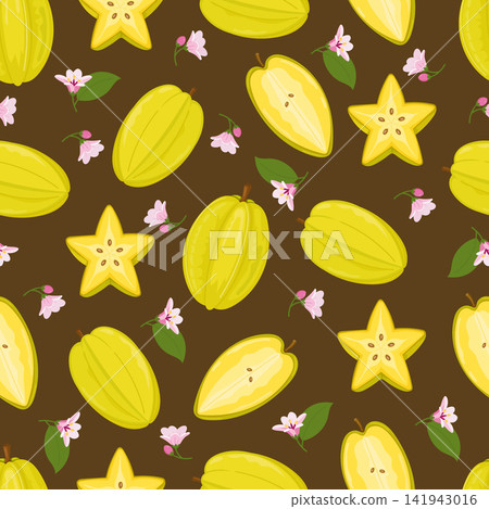 Seamless pattern with whole, sliced, and halved starfruit, tropical blossoms, and green leaves. Bright flat vector background perfect for fabric, packaging, wallpaper, and decor. Seamless pattern with whole, sliced, and halved starfruit, tropical blossoms, and green leaves. Bright flat vector background perfect for fabric, packaging, wallpaper, and decor. 141943016