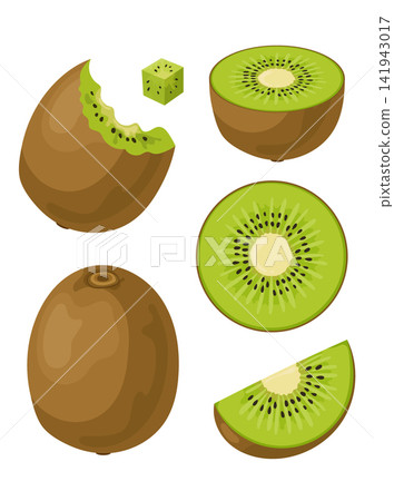 Flat vector set of kiwi fruit in whole, sliced and bitten views with juicy green flesh. Fresh tropical fruit clipart isolated on white background. Flat vector set of kiwi fruit in whole, sliced and bitten views with juicy green flesh. Fresh tropical fruit clipart isolated on white background. 141943017
