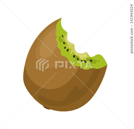 Flat vector illustration of a bitten kiwi fruit with juicy green flesh and seeds. Fresh tropical fruit clipart isolated on white background for food design. Flat vector illustration of a bitten kiwi fruit with juicy green flesh and seeds. Fresh tropical fruit clipart isolated on white background for food design. 141943024