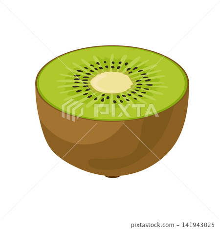 Flat vector illustration of a sliced kiwi half with vibrant green flesh and black seeds. Fresh tropical fruit clipart isolated on white background. Flat vector illustration of a sliced kiwi half with vibrant green flesh and black seeds. Fresh tropical fruit clipart isolated on white background. 141943025