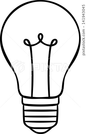 Black and white doodle icon of electric light bulb. Simple vector sketch for home decor and electrical shop branding Black and white doodle icon of electric light bulb. Simple vector sketch for home decor and electrical shop branding 141943045