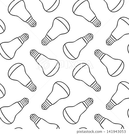 Black and white seamless pattern of electric LED light bulb in doodle style. Simple vector sketch for green technology posters and fabric design Black and white seamless pattern of electric LED light bulb in doodle style. Simple vector sketch for green technology posters and fabric design 141943053