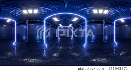 Equirectangular panorama of a warehouse with blue neon lighting for your project. A virtual, sci-fi showroom of a production facility. A spherical HDRI panorama of the warehouse interior. 3D render. Equirectangular panorama of a warehouse with blue neon lighting for your project. A virtual, sci-fi showroom of a production facility. A spherical HDRI panorama of the warehouse interior. 3D render. 141943271