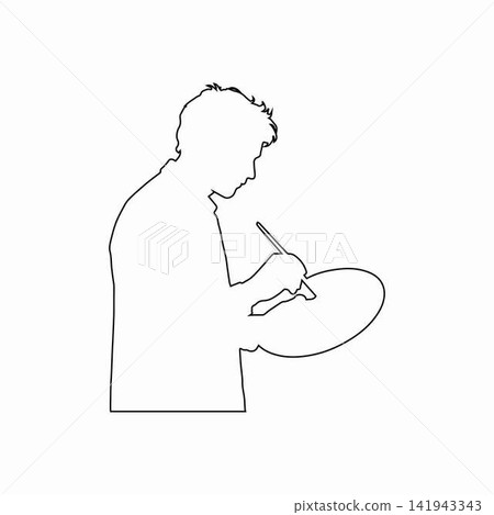Artist painting with brush and palette outline Artist painting with brush and palette outline 141943343
