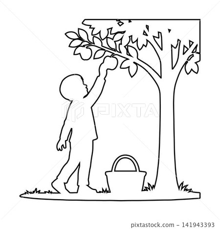 boy picking fruit from tree outline picnic scene isolated on white background boy picking fruit from tree outline picnic scene isolated on white background 141943393