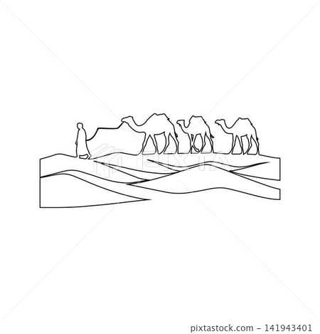 camel caravan outline man leading camels in desert dunes isolated on white background camel caravan outline man leading camels in desert dunes isolated on white background 141943401