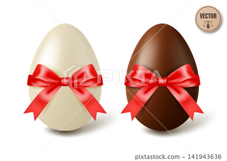 Vector 3d White and Black Chocolate Easter Eggs with Red Satin Bows, Isolated. Sweet Holiday Gift Illustration. Festive Spring Dessert Decoration. Candy Surprise Concept Vector 3d White and Black Chocolate Easter Eggs with Red Satin Bows, Isolated. Sweet Holiday Gift Illustration. Festive Spring Dessert Decoration. Candy Surprise Concept 141943636