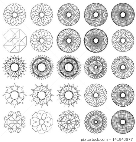 Abstract geometric circular patterns created from overlapping lines and repeated shapes, forming intricate mandala-like rosettes and ornamental symmetrical designs Abstract geometric circular patterns created from overlapping lines and repeated shapes, forming intricate mandala-like rosettes and ornamental symmetrical designs 141943877