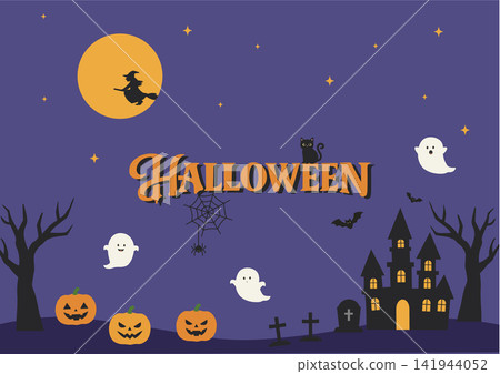 Halloween banner illustration, night background, vector illustration, simple, featuring witches, ghosts, and jack-o'-lanterns. 141944052