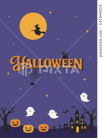 Halloween banner illustration, night background, vector illustration, simple, featuring witches, ghosts, and jack-o'-lanterns. Halloween banner illustration, night background, vector illustration, simple, featuring witches, ghosts, and jack-o'-lanterns. 141944054
