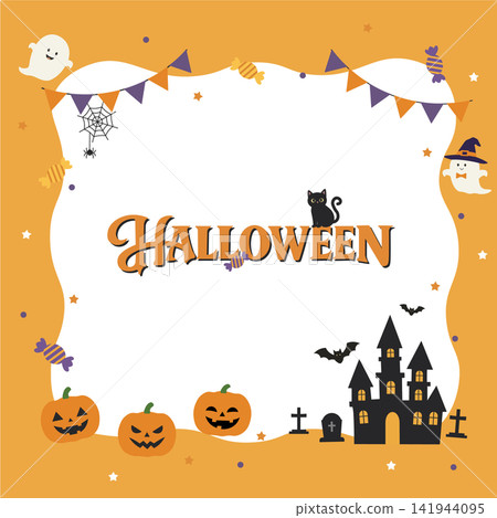 Halloween banner illustration - background illustration, vector, simple, featuring witch, ghost, jack-o'-lantern, and castle. Halloween banner illustration - background illustration, vector, simple, featuring witch, ghost, jack-o'-lantern, and castle. 141944095