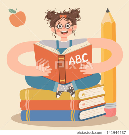 Cute cartoon illustration of a young smart girl reading a book while sitting on a large pile of colorful books, perfect back to school design element for education, studying, and children concepts 141944587