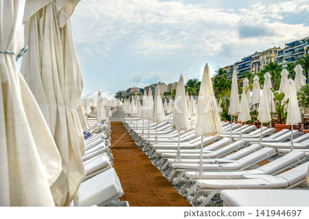 Amazing beach with beach chairs (beds) in left side of Croisette 141944697