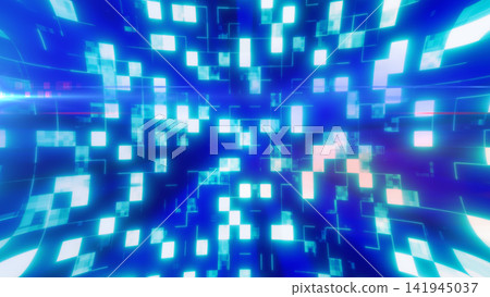 Futuristic blue and cyan pixel tunnel with glowing digital blocks, grid lines, and abstract technology motion. Futuristic blue and cyan pixel tunnel with glowing digital blocks, grid lines, and abstract technology motion. 141945037