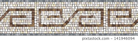 Ancient Greek meander mosaic pattern. Vector seamless border of antique roman floor tile with stone texture. Traditional mediterranean marble ornament for luxury interior and classic architectural Ancient Greek meander mosaic pattern. Vector seamless border of antique roman floor tile with stone texture. Traditional mediterranean marble ornament for luxury interior and classic architectural 141946094