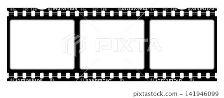 Vintage film strip vector frame with inner shadow. Black 35mm cinema border with ISO 100 markings and photo placeholders for retro collage and movie aesthetic. Vintage film strip vector frame with inner shadow. Black 35mm cinema border with ISO 100 markings and photo placeholders for retro collage and movie aesthetic. 141946099