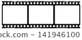 Vintage 35mm film strip frame with three blank frames. Classic black cinema border with sprocket holes and film numbering for retro photo and video layout. 141946100