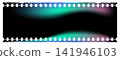 Vintage film strip frame with neon light leaks. Vector cinema border with turquoise and purple aurora flare effect for photo overlay and retro video aesthetic. 141946103