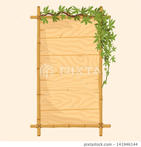 Bamboo blank frame. Empty wooden sign board framed with bamboo poles and green vines flat vector illustration. Natural decorative display isolated on white background Bamboo blank frame. Empty wooden sign board framed with bamboo poles and green vines flat vector illustration. Natural decorative display isolated on white background 141946144