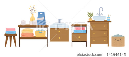 Bathroom furniture. Storage cabinets, dresser, sink and baskets for home laundry flat vector illustration set. Household bathroom organization collection isolated on white background Bathroom furniture. Storage cabinets, dresser, sink and baskets for home laundry flat vector illustration set. Household bathroom organization collection isolated on white background 141946145