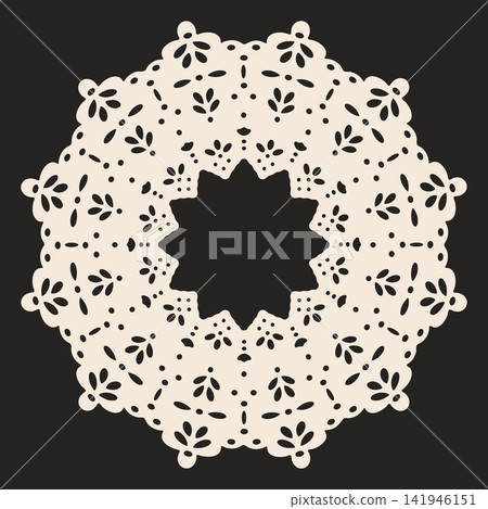 Floral lace doily. Round crochet style ornament with intricate flower cutouts flat vector illustration. Decorative vintage paper lace Floral lace doily. Round crochet style ornament with intricate flower cutouts flat vector illustration. Decorative vintage paper lace 141946151
