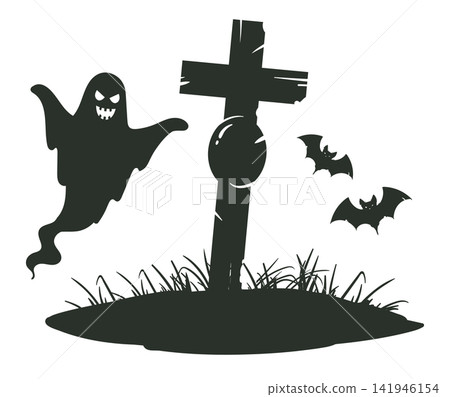 Ghost cemetery scene. Spooky ghost beside grave cross with bats and dead grass flat vector illustration. Halloween horror scene isolated on white background Ghost cemetery scene. Spooky ghost beside grave cross with bats and dead grass flat vector illustration. Halloween horror scene isolated on white background 141946154