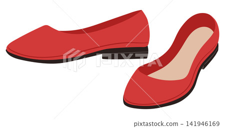 Red ballet flats. Pair of elegant red womens flat shoes with pointed toes flat vector illustration. Fashion footwear isolated on white background Red ballet flats. Pair of elegant red womens flat shoes with pointed toes flat vector illustration. Fashion footwear isolated on white background 141946169