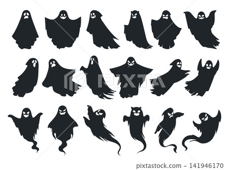 Spooky ghosts. Halloween mysterious spirits, shadow, and ghostly monsters, scary mysterious flying ghost characters flat vector illustrations set. Halloween phantom shadows Spooky ghosts. Halloween mysterious spirits, shadow, and ghostly monsters, scary mysterious flying ghost characters flat vector illustrations set. Halloween phantom shadows 141946170
