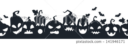 Spooky pumpkin seamless pattern. Halloween carved jack o lantern faces, scary squash lanterns silhouettes flat vector background illustration. Autumn holiday seasonal endless design Spooky pumpkin seamless pattern. Halloween carved jack o lantern faces, scary squash lanterns silhouettes flat vector background illustration. Autumn holiday seasonal endless design 141946171