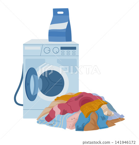 Washing machine laundry. Front load washing machine with colorful clothes and garments flat vector illustration. Household laundry appliance isolated on white background 141946172