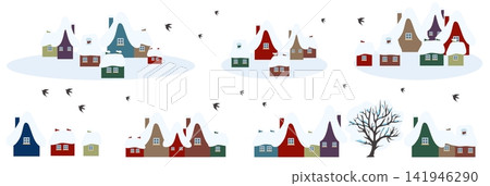 Collection of colorful winter village houses covered with snow, arranged in separate groups with flying birds and a bare winter tree. Flat vector illustration on a white background for Christmas, New Collection of colorful winter village houses covered with snow, arranged in separate groups with flying birds and a bare winter tree. Flat vector illustration on a white background for Christmas, New 141946290