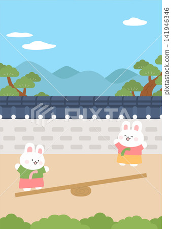 Rabbits wearing hanbok playing on a Korean seesaw. Rabbits wearing hanbok playing on a Korean seesaw. 141946346