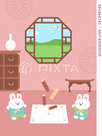 Two Rabbits Playing Yut Nori Traditional Korean Game Illustration Two Rabbits Playing Yut Nori Traditional Korean Game Illustration 141946348