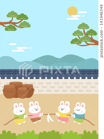 Cute Rabbits Playing Traditional Korean Tug-of-War. Cute Rabbits Playing Traditional Korean Tug-of-War. 141946349