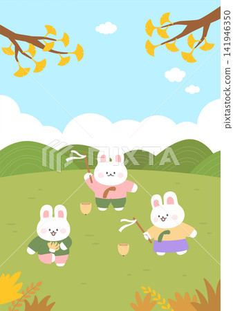Three Cute Rabbits Playing in Autumn Field Illustration Three Cute Rabbits Playing in Autumn Field Illustration 141946350
