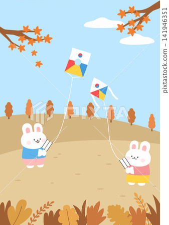 Two Cute Rabbits Flying Kites in Autumn Landscape Illustration Two Cute Rabbits Flying Kites in Autumn Landscape Illustration 141946351