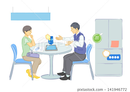 A salesperson and a customer negotiating at an electronics store. 141946772