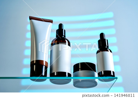 Skincare product packaging on a glass shelf Skincare product packaging on a glass shelf 141946811