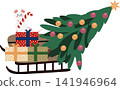 Cute Christmas mouse holding a candy cane beside colorful gifts on a wooden sled under a decorated Christmas tree with a star, isolated on white background 141946964