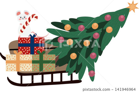 Cute Christmas mouse holding a candy cane beside colorful gifts on a wooden sled under a decorated Christmas tree with a star, isolated on white background Cute Christmas mouse holding a candy cane beside colorful gifts on a wooden sled under a decorated Christmas tree with a star, isolated on white background 141946964
