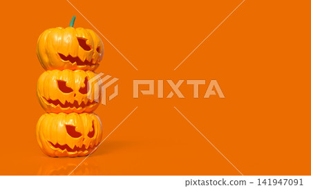 Stacked Scary Halloween Pumpkins on Bright Orange Background 3d render. Stacked Scary Halloween Pumpkins on Bright Orange Background 3d render. 141947091