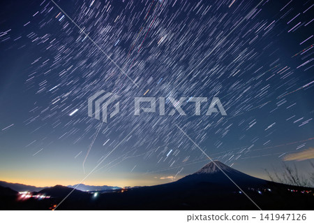 Winter constellations rising over Mt. Fuji as seen from the Shojiko Lake Panorama Platform Winter constellations rising over Mt. Fuji as seen from the Shojiko Lake Panorama Platform 141947126