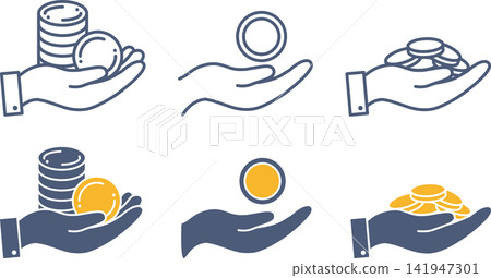 A set of icon materials depicting someone holding a coin in one hand. A set of icon materials depicting someone holding a coin in one hand. 141947301