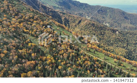 Autumn in Hokkaido: A breathtaking view of the autumn foliage of Mt. Kurodake and the mountain huts. Autumn in Hokkaido: A breathtaking view of the autumn foliage of Mt. Kurodake and the mountain huts. 141947312