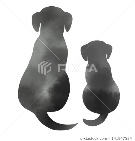 A watercolor silhouette illustration of the backs of two mother and puppies (monochrome material). 141947534
