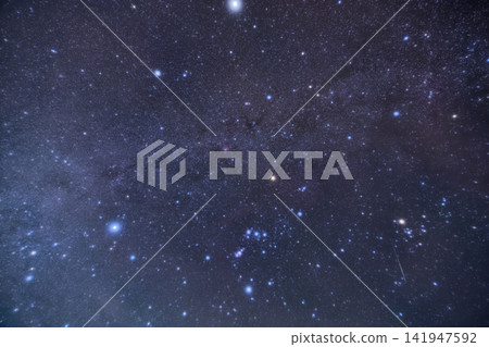 Winter constellations and meteors as seen from the Shojiko Lake Panorama Platform Winter constellations and meteors as seen from the Shojiko Lake Panorama Platform 141947592