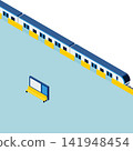 An isometric illustration of a train stopped at a station platform equipped with platform screen doors. 141948454